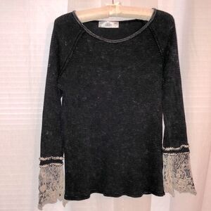 Able M Scoop Neck Waffle Knit Black Ivory Lace Cuff Grommets Acid Stone Wash